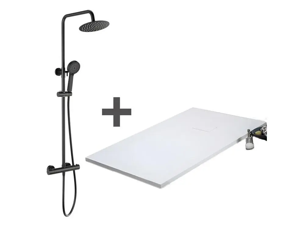 Pack Receveur de douche 70 x 120 cm extra plat blanc + Colonne de douche thermostatique noir mat