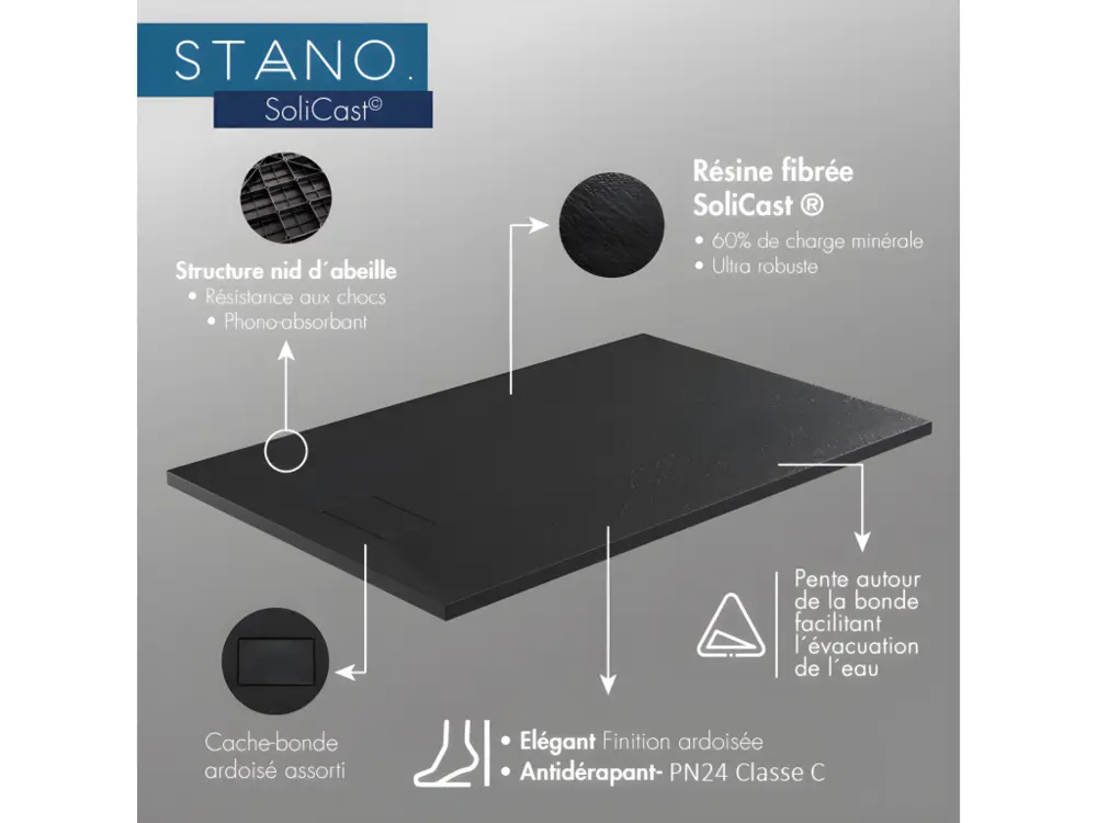 Pack Receveur de douche 70 x 120 cm extra plat blanc + Colonne de douche thermostatique noir mat