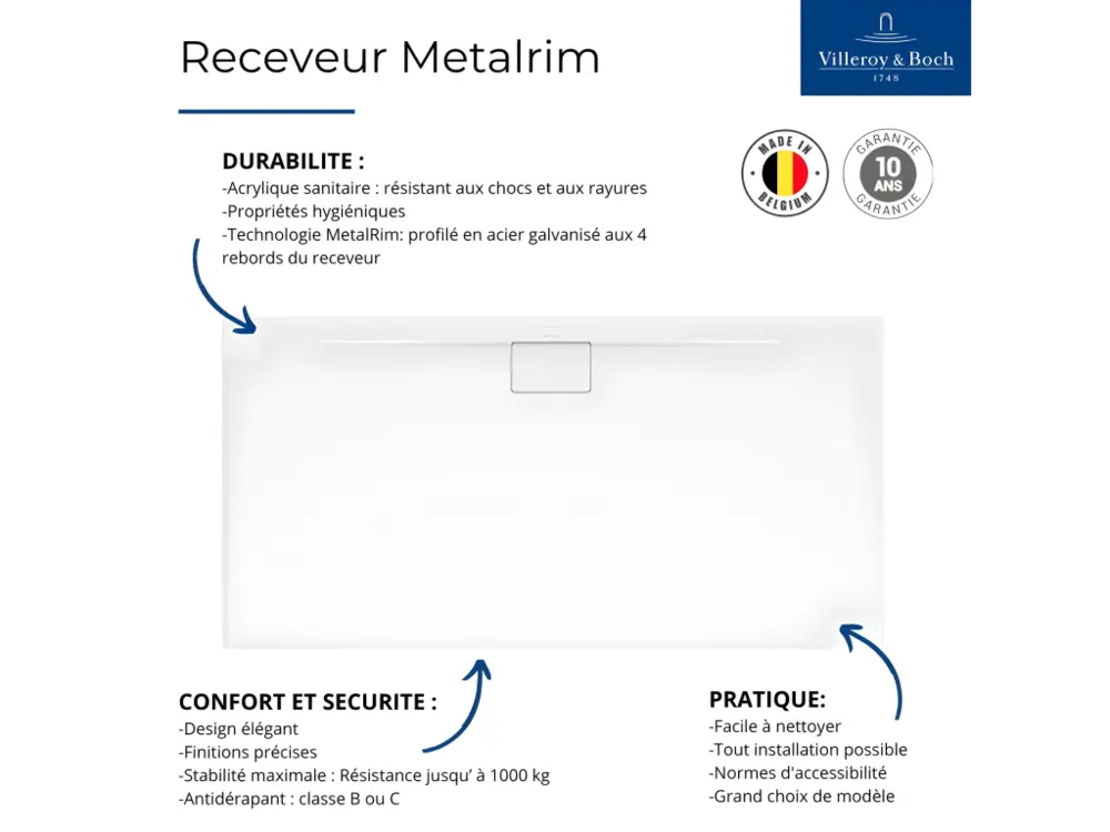 Pack receveur de douche antidérapant 90 x 90 VILLEROY ET BOCH Architectura Metalrim carré blanc + Kit d'étanchéité WEDI