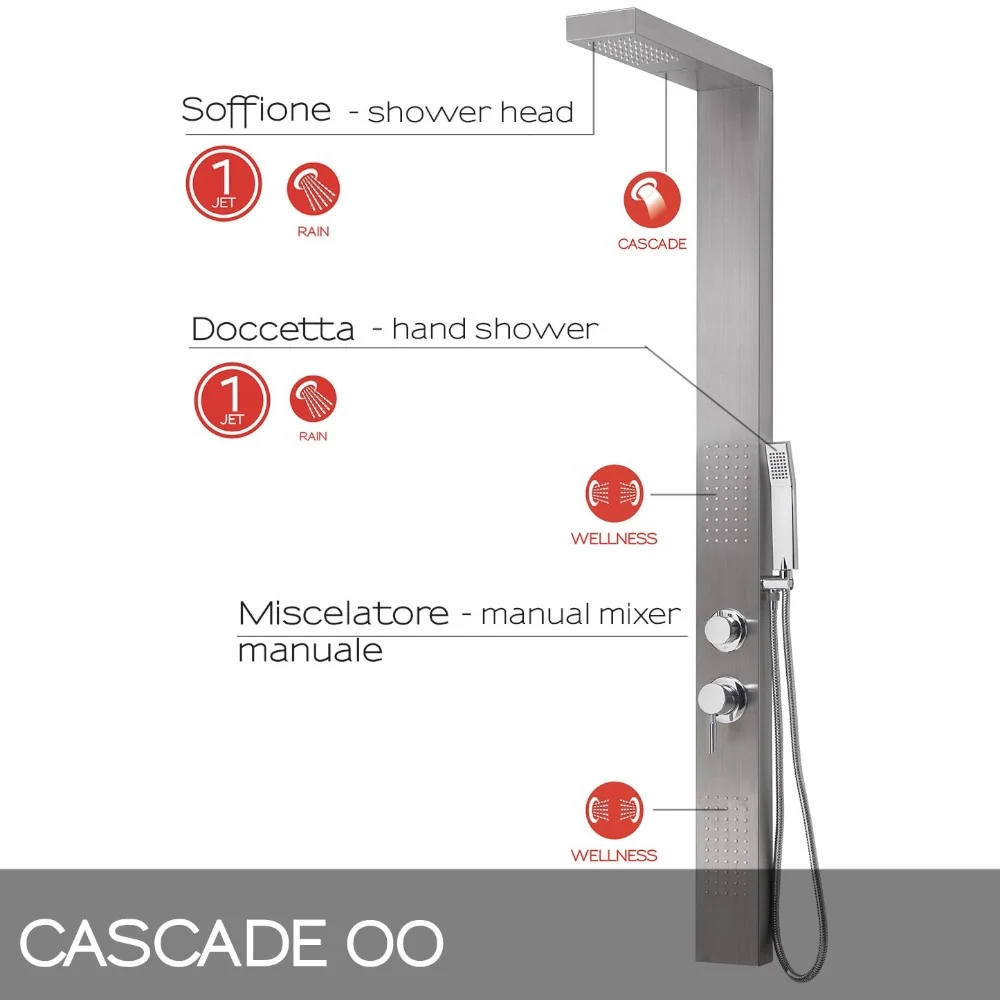 Pannello doccia acciaio inox h155 cm con getto cascata e deviatore acqua 4 vie Cascade 00