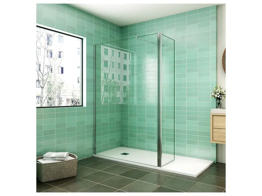 Paroi de douche 140x200cm avec retour pivotant 50x200cm en verre securit, paroi de douche à l'italienne avec barre de...