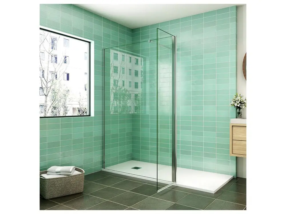 Paroi de douche 140x200cm avec retour pivotant 50x200cm en verre securit, paroi de douche à l'italienne avec barre de...