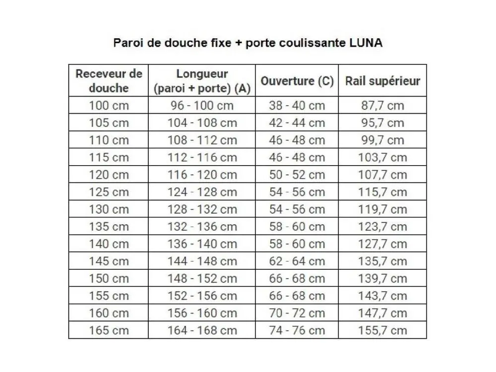 Paroi de douche fixe + Porte coulissante LUNA profil noir mat 165 cm Sans paroi latérale