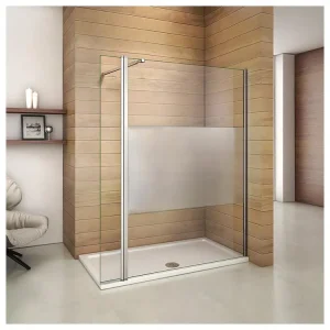 Paroi de douche à l'italienne 140+40x200cm avec barre de fixation 73-120cm, paroi de douche bande central dépoli avec...