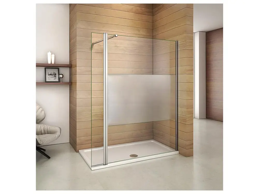 Paroi de douche à l'italienne 140+40x200cm avec barre de fixation 73-120cm, paroi de douche bande central dépoli avec...
