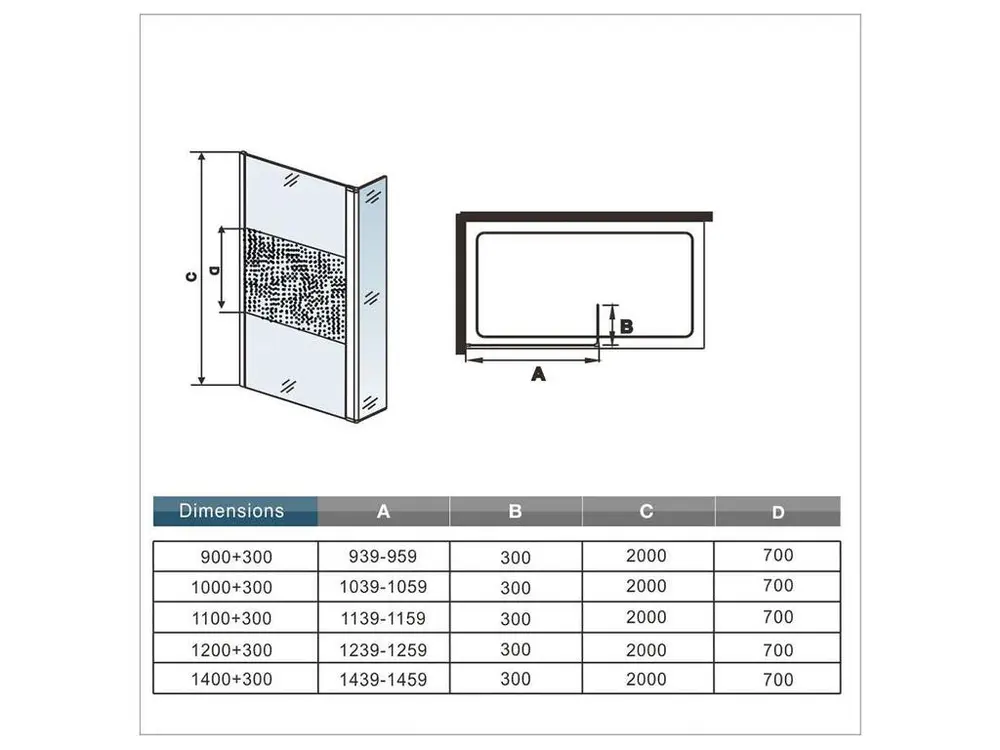 Paroi de douche à l'italienne 140+40x200cm avec barre de fixation 73-120cm, paroi de douche bande central dépoli avec...