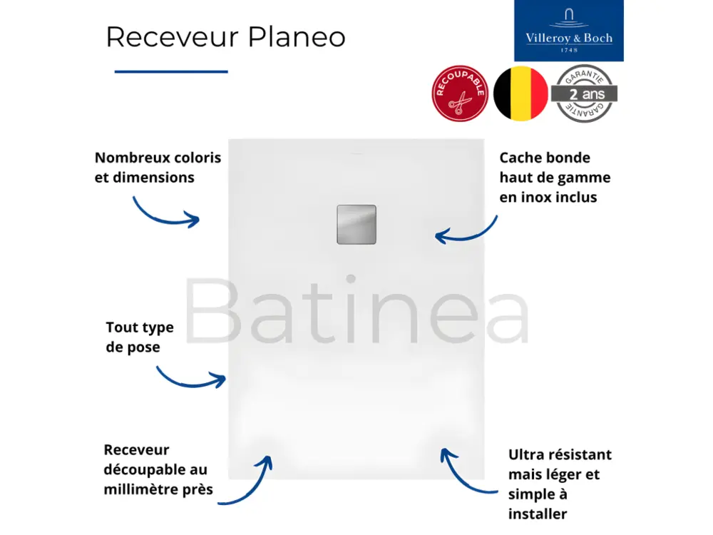 Receveur 140 x 100 VILLEROY ET BOCH Planeo acrylique rectangle nature gris
