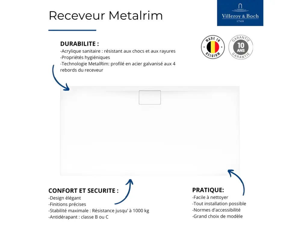 Receveur antidérapant 150 x 100 VILLEROY ET BOCH Architectura Metalrim acrylique rectangle star blanc pur