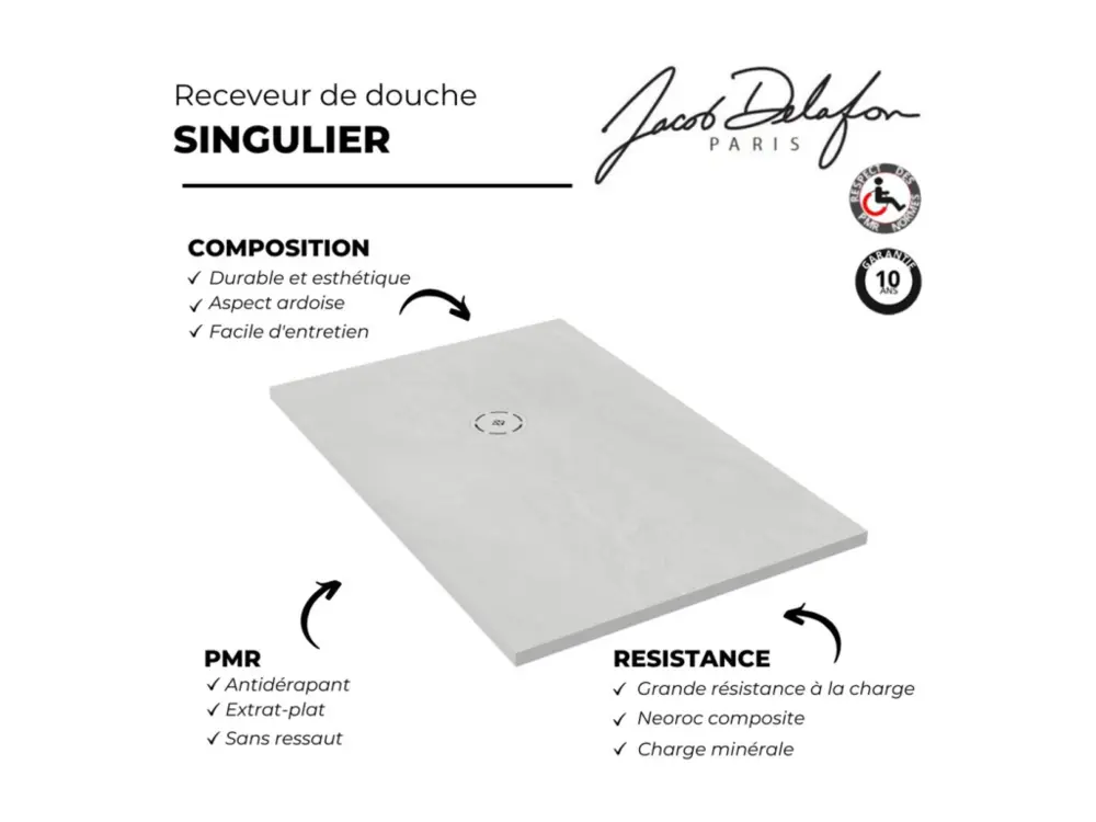 Receveur de douche 170 x 90 JACOB DELAFON Singulier neoroc rectangle blanc + bonde