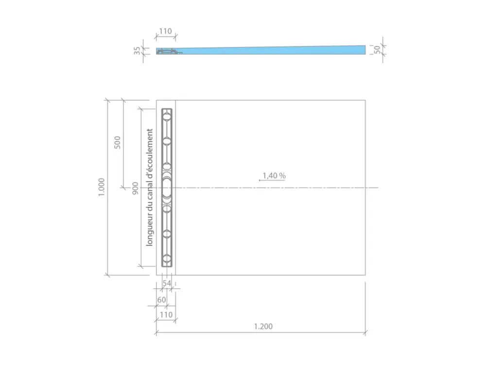 Receveur de douche à carreler 120 x 100 cm WEDI Fundo Riolito Neo avec écoulement vertical + barrette de finition 70 cm
