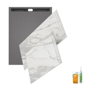 Receveur de douche à carreler 120 x 90 WEDI Fundo riolito neo + revêtement Top marble blanc pur + colle