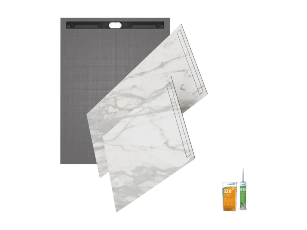 Receveur de douche à carreler 120 x 90 WEDI Fundo riolito neo + revêtement Top marble blanc pur + colle