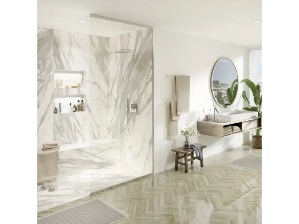 Receveur de douche à carreler 120 x 90 WEDI Fundo riolito neo + revêtement Top marble blanc pur + colle