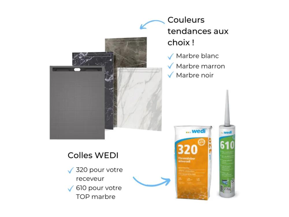 Receveur de douche à carreler 120 x 90 WEDI Fundo riolito neo + revêtement Top marble blanc pur + colle