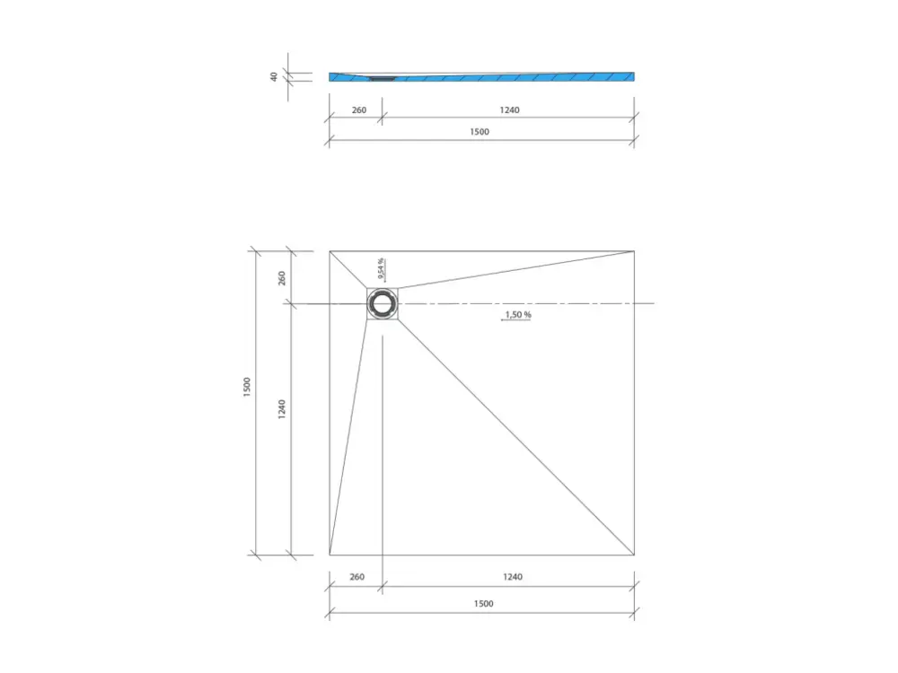 Receveur de douche à carreler 150 x 150 WEDI Fundo Primo carré écoulement excentré + bonde verticale