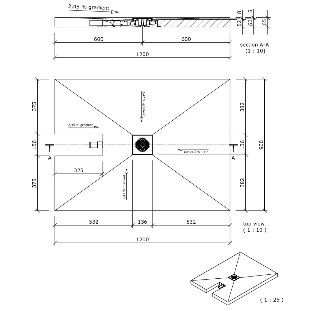 Receveur de douche exhaustif wedi Fundo Plano rectangulaire, écoulement centré DN40