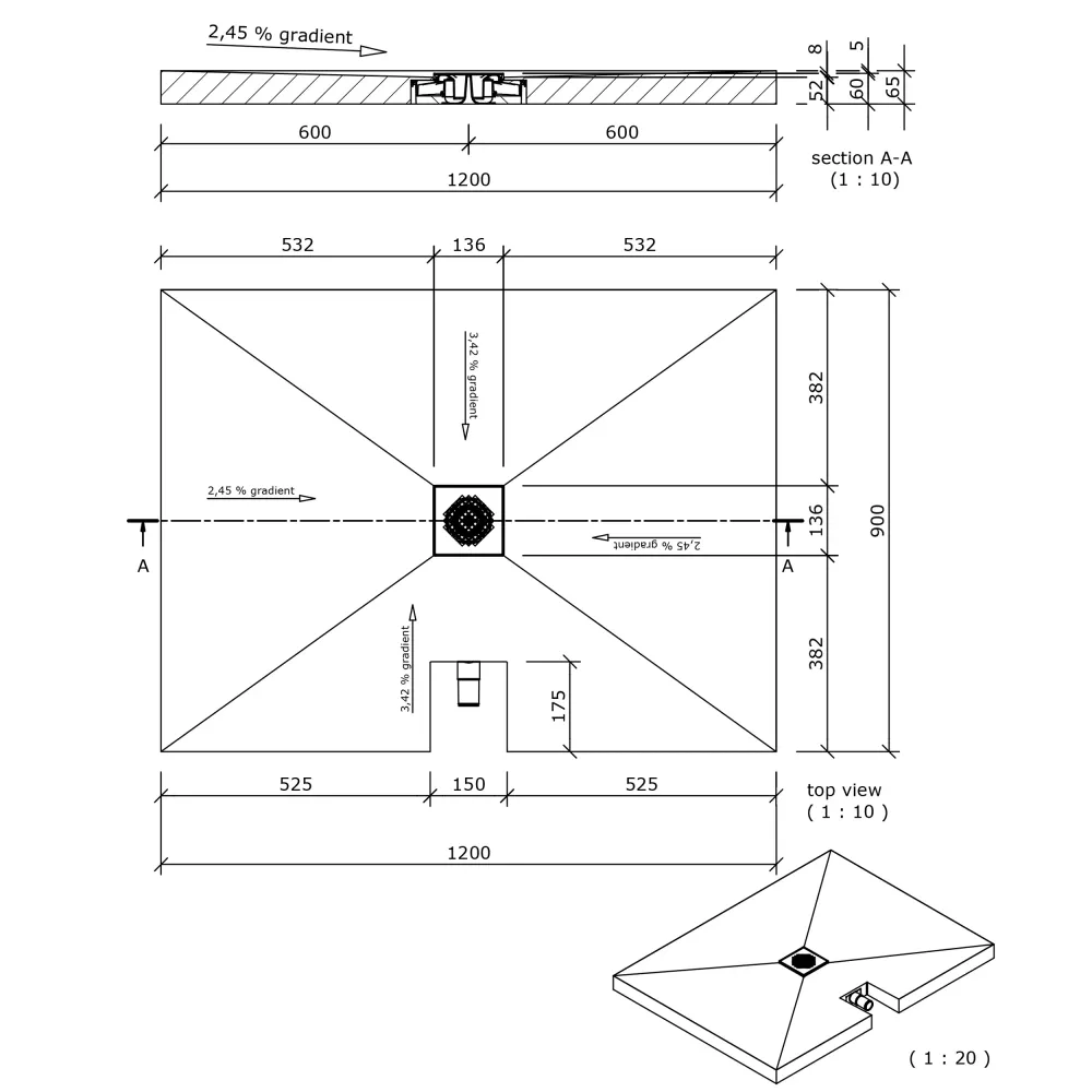 Receveur de douche exhaustif wedi Fundo Plano rectangulaire, écoulement centré DN40