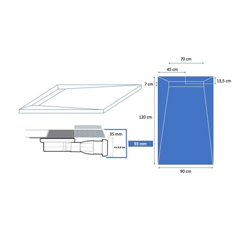 Receveur résine 120x90cm MARMOX RC12090SLATE-7015-LINE - Grille caniveau excentrée - Monochrome surface - Gris imitation a...