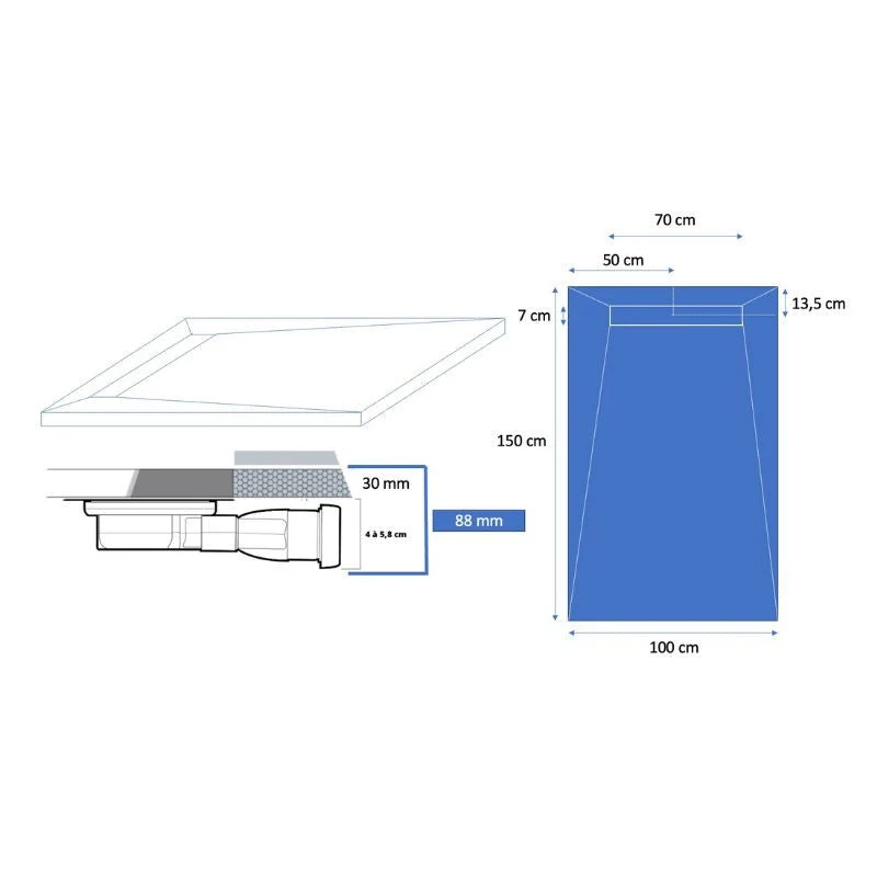 Receveur résine 150x100cm MARMOX RC150100SLATE-9010-LINE - Grille caniveau excentrée - Simple surface - Blanc imitation ar...