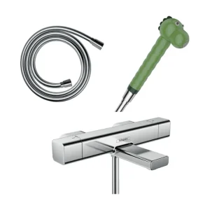 Robinet à détection Mitigeur bain douche Ecostat E HANSGROHE + pommeau Jocolino crocodile + modulable Isiflex 160 cm