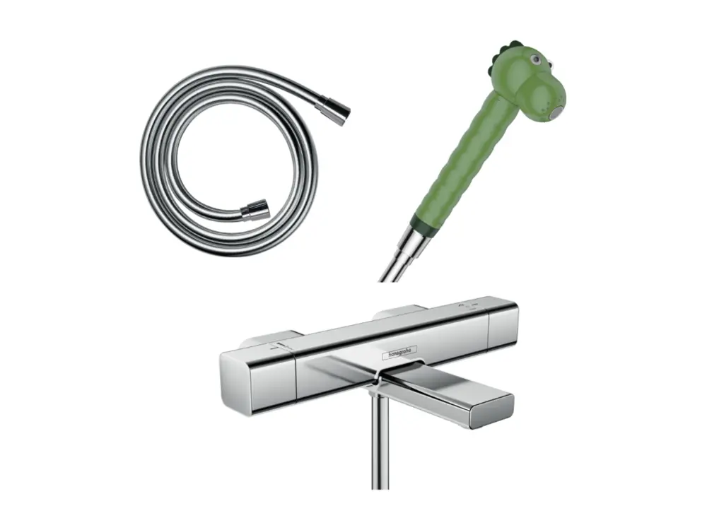 Robinet à détection Mitigeur bain douche Ecostat E HANSGROHE + pommeau Jocolino crocodile + modulable Isiflex 160 cm