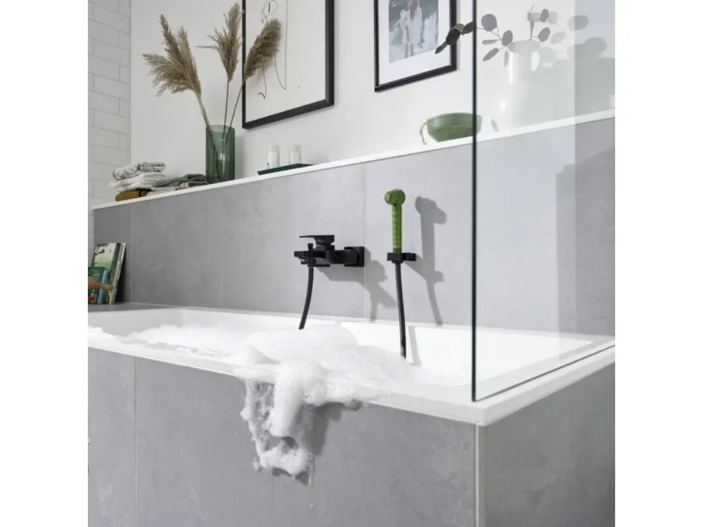 Robinet à détection Mitigeur bain douche Ecostat E HANSGROHE + pommeau Jocolino crocodile + modulable Isiflex 160 cm