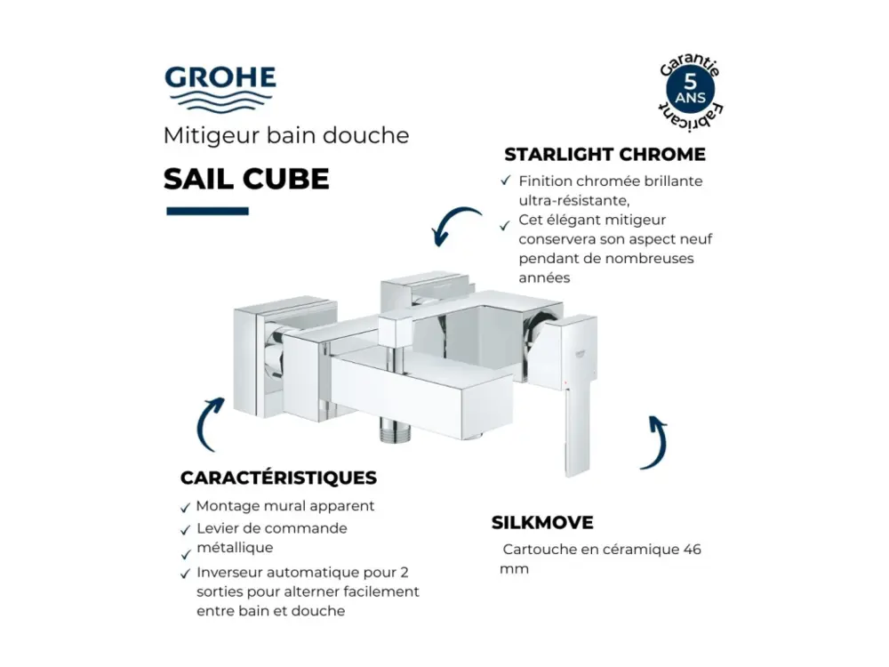 Robinet de lavabo Mitigeur bain douche mécanique GROHE Quickfix Sail Cube + microfibre