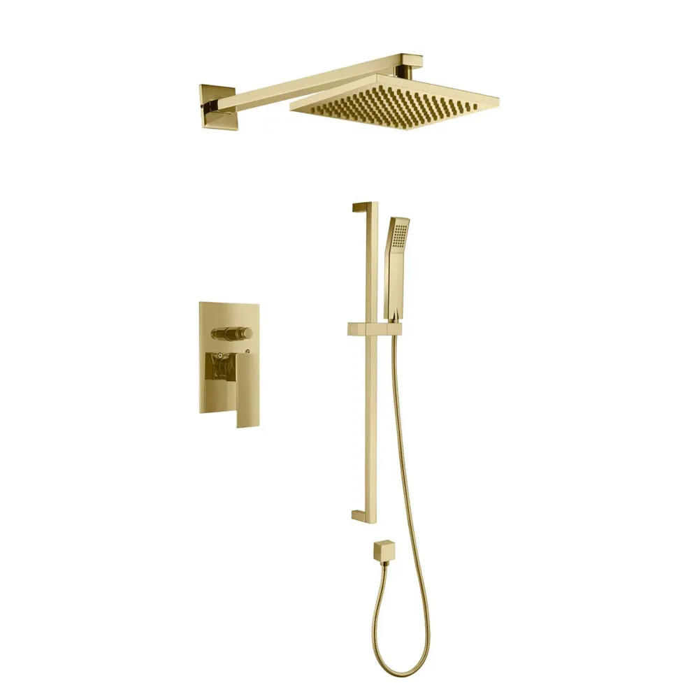 Robinetterie de douche carrée avec douche pluie et douchette VITO-GD, or brossé Résistant au Calcaire