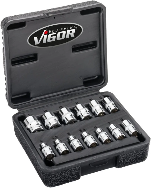 Jeu de clés à douille doublement six pans VIGOR carré creux 63 mm (1/4 pouce) profil extérieur double six pans 25 mm nombr...