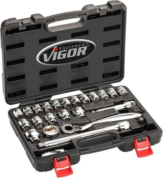 Jeu de clés à douilles VIGOR super plates carré creux 125 mm (1/2 pouce) profil à six pans extérieurs 8 - 32 nombre d&...