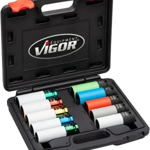Jeu de douilles pour clés à chocs VIGOR carré 125 mm (1/2 pouce) profil à six pans extérieurs profil édit hybride nombre d...