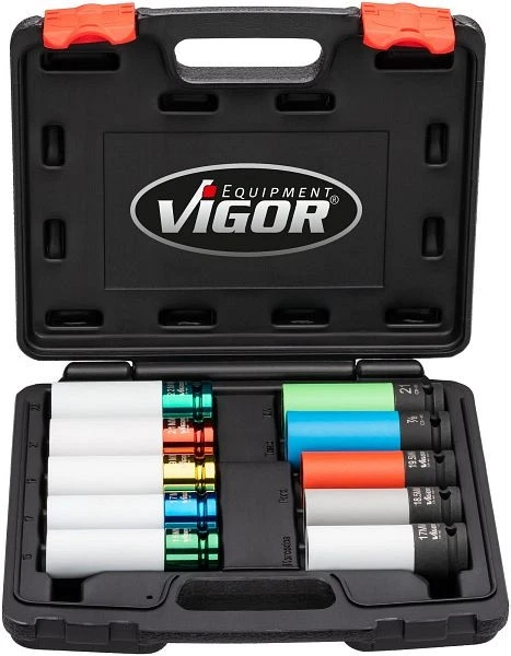 Jeu de douilles pour clés à chocs VIGOR carré 125 mm (1/2 pouce) profil à six pans extérieurs profil édit hybride nombre d...
