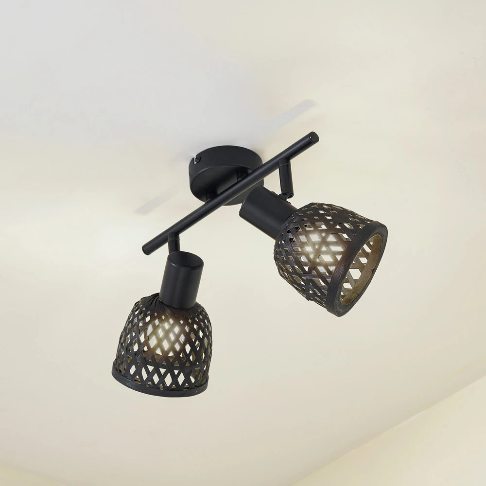 Abat-jour conique Lindby plafonnier Eskil, 2 lampes, noir, bambou, Ø 10 cm