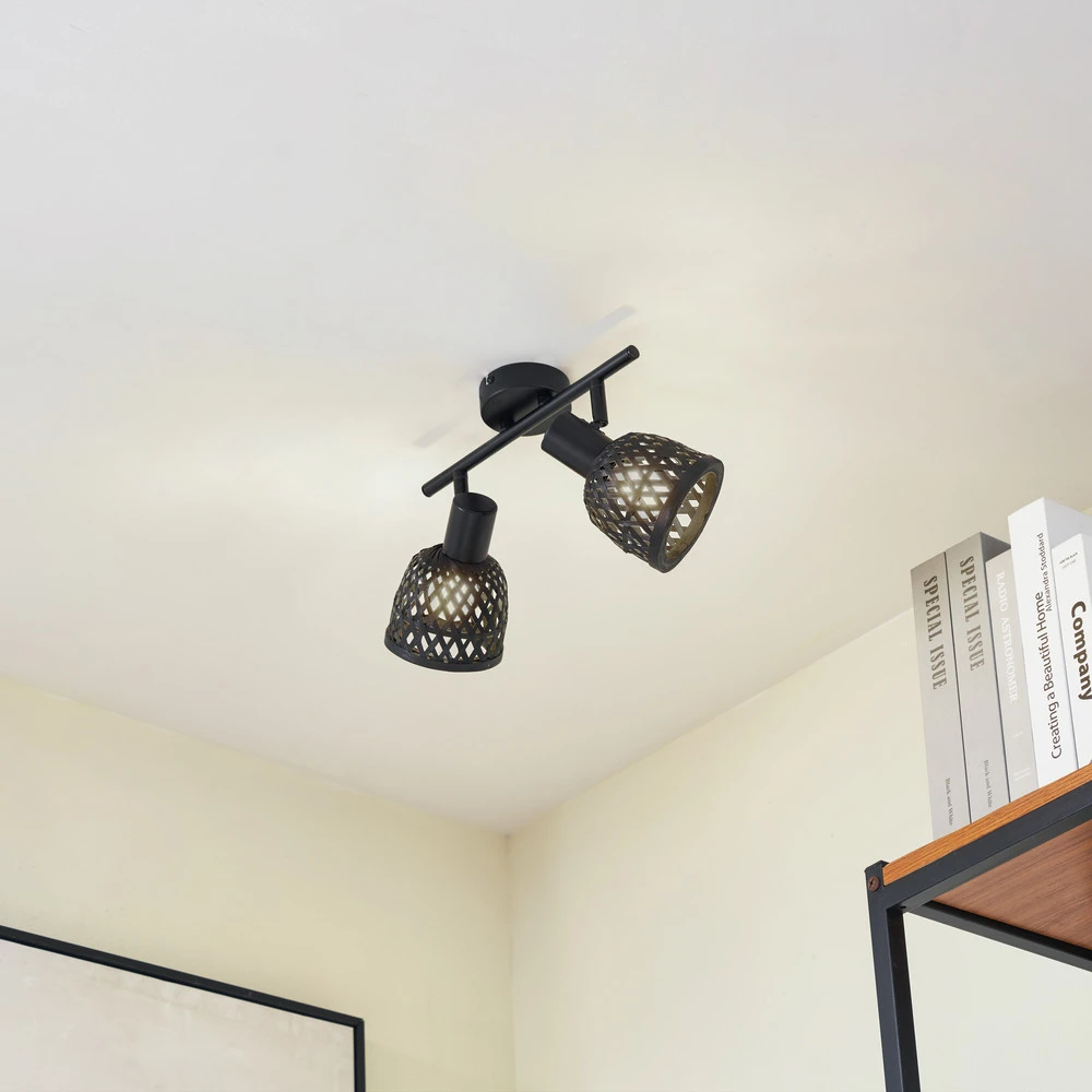 Abat-jour conique Lindby plafonnier Eskil, 2 lampes, noir, bambou, Ø 10 cm