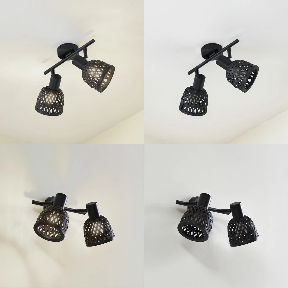 Abat-jour conique Lindby plafonnier Eskil, 2 lampes, noir, bambou, Ø 10 cm