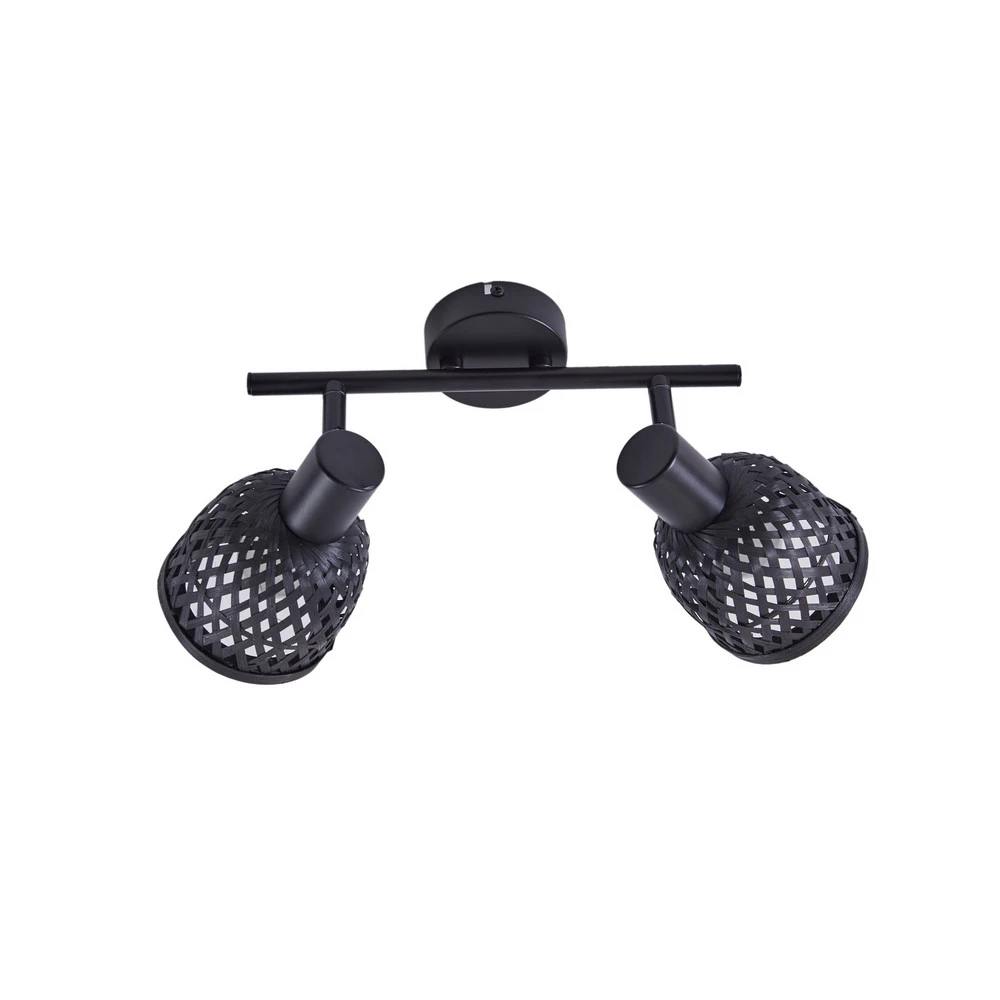 Abat-jour conique Lindby plafonnier Eskil, 2 lampes, noir, bambou, Ø 10 cm