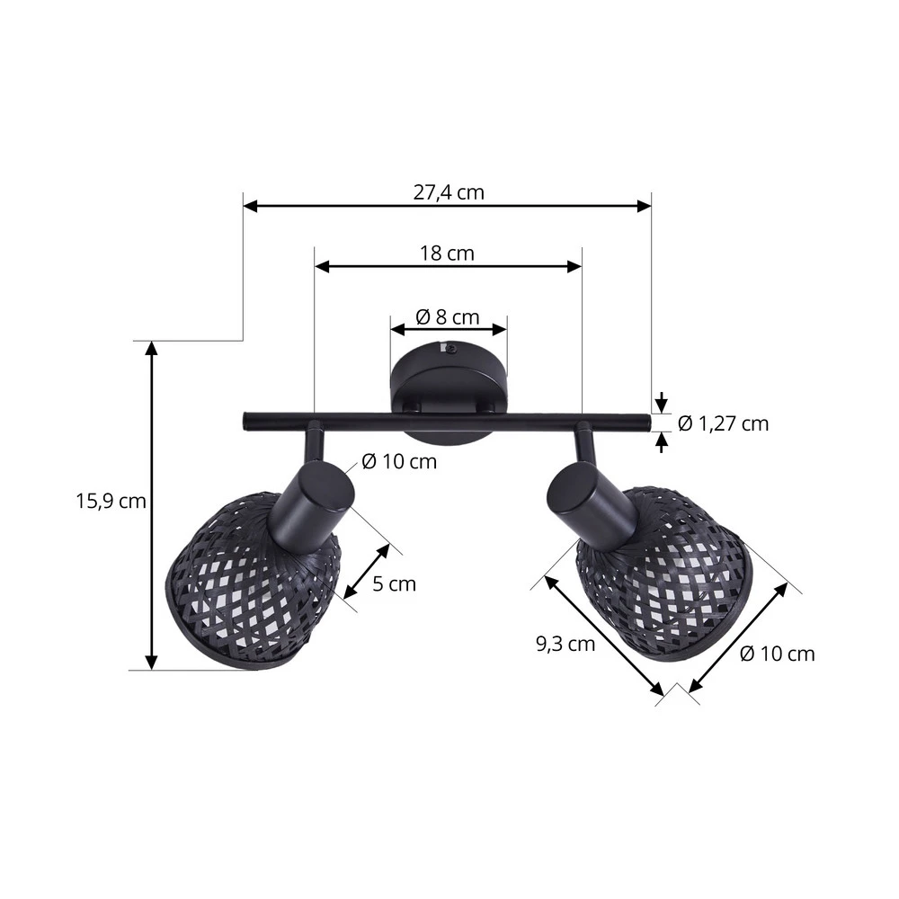 Abat-jour conique Lindby plafonnier Eskil, 2 lampes, noir, bambou, Ø 10 cm