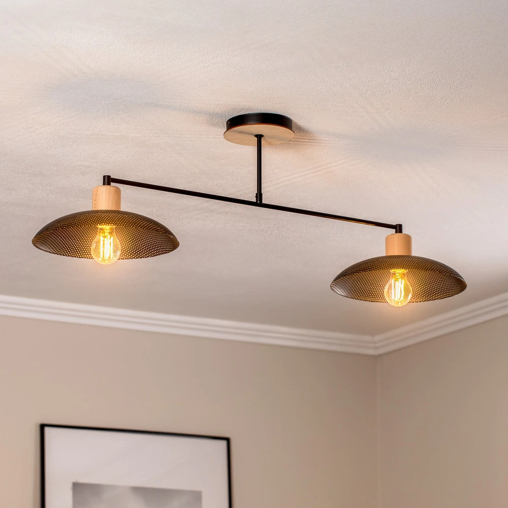 Plafonnier Kobe, à 2 lampes, acier, bois, noir | Dimmable | Haute luminosité