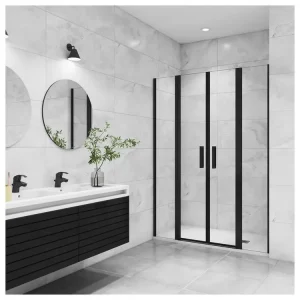 Porte de douche battante 135x200cm avec 2 éléments fixes Profilé noir mat, Porte de douche Hauteur 200cm en verre anticalc...