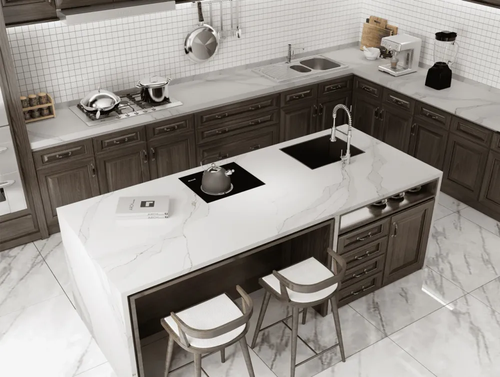 comptoir en quartz Prime Stone 2cm - 3cm Calacatta Traditionnel 63,5 x 127 po Installation sous Évier