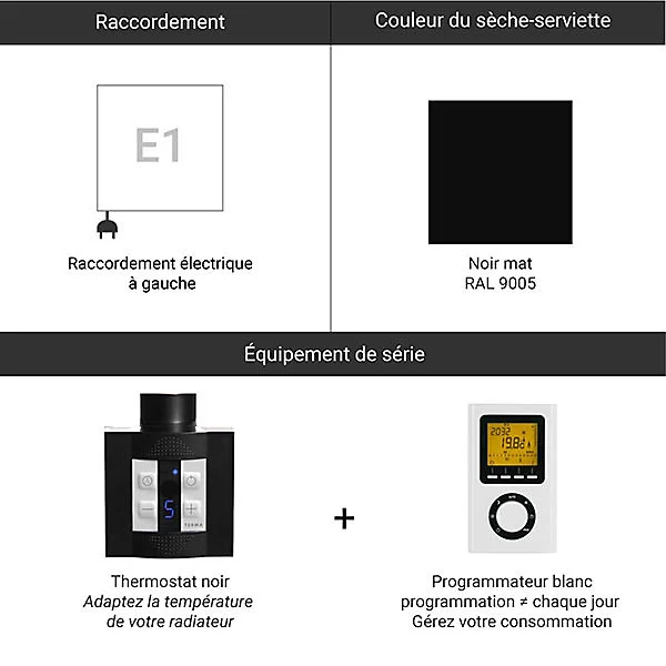 Sèche-serviette électrique réglable noir - HxL : 1140x430 mm - 400 Watt - FIO1140/430E1NP