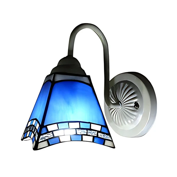 Certifié CE Applique de salon à 1 tête, luminaire blanc méditerranéen avec abat-jour en verre bleu pyramide