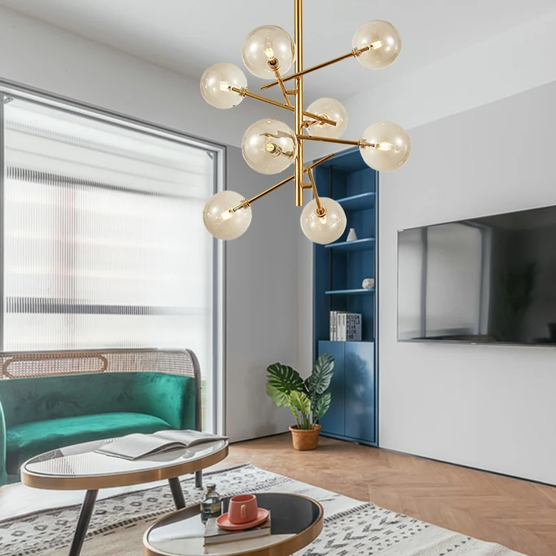 Douille encastrable Plafonnier suspendu Globe tendance en verre Cognac, 6/8 têtes, éclairage de lustre de chambre à couche...