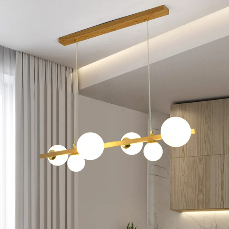 Détecteur de mouvement Pendentif d'île en bois massif, Imitation linéaire nordique, avec abat-jour Globe, lumière d'île en...