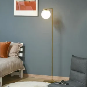 Lampadaire design néo-rétro globe en verre blanc plein max. 40 W métal doré