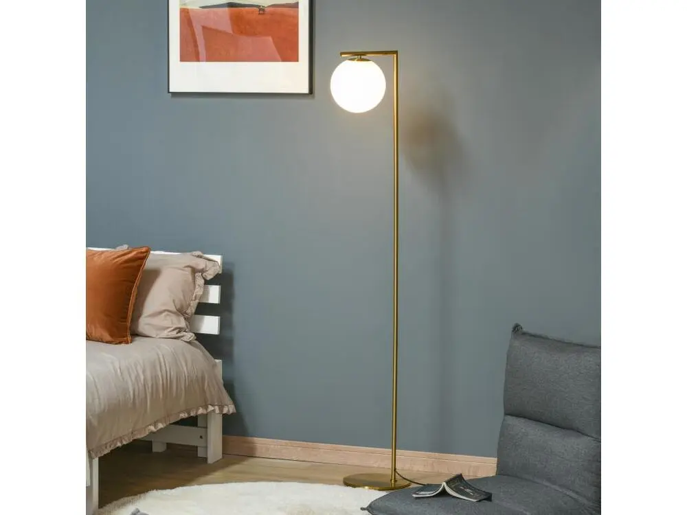 Lampadaire design néo-rétro globe en verre blanc plein max. 40 W métal doré
