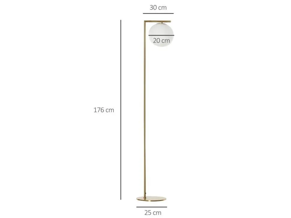 Lampadaire design néo-rétro globe en verre blanc plein max. 40 W métal doré