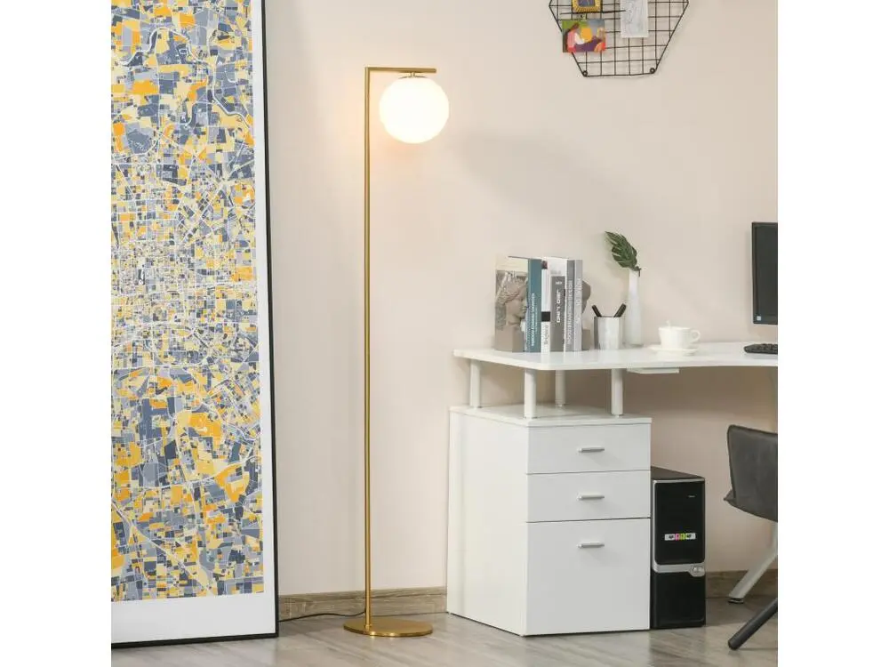 Lampadaire design néo-rétro globe en verre blanc plein max. 40 W métal doré