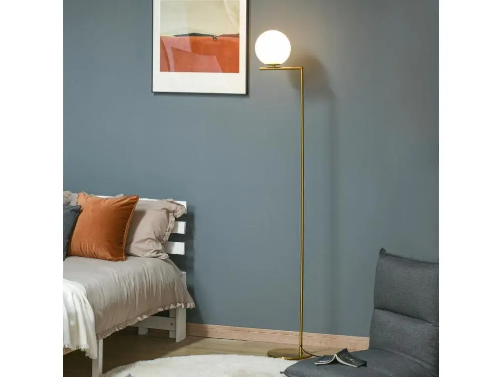Lampadaire design néo-rétro globe en verre blanc plein max. 40 W métal doré