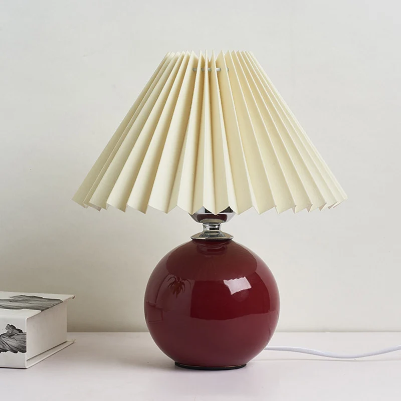Lampe de table de chevet Globe en céramique, éclairage de table de chevet tendance avec abat-jour plissé conique avec déte...